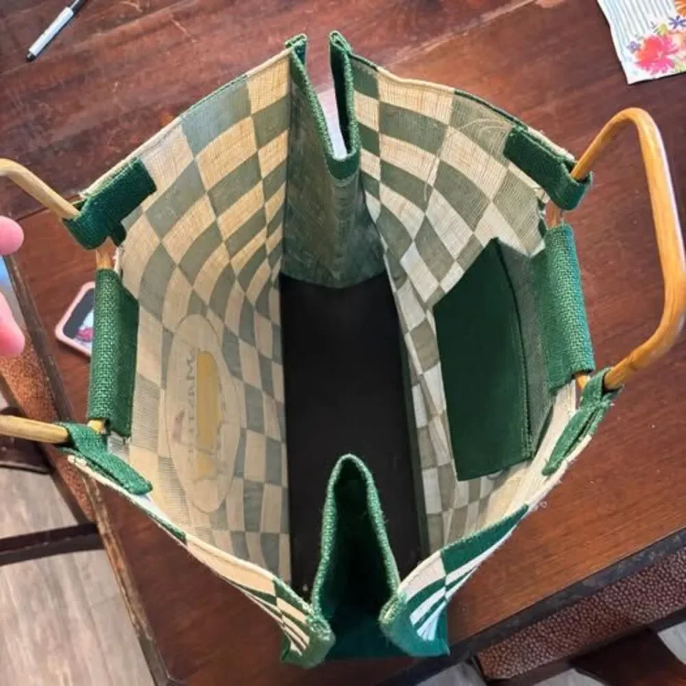 Masters Tournament Jute Tote Bag - Green/White Checkered with Bamboo Handles